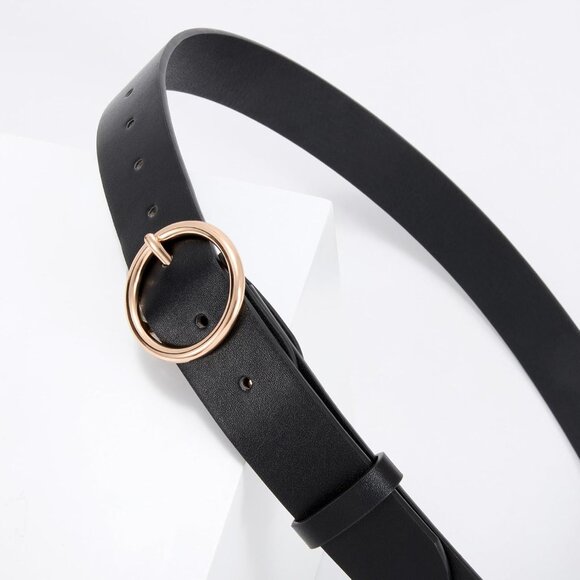 Women Leather Belt with Circle Gold Buckle Fashion Ladies Waist Belt Black Gold